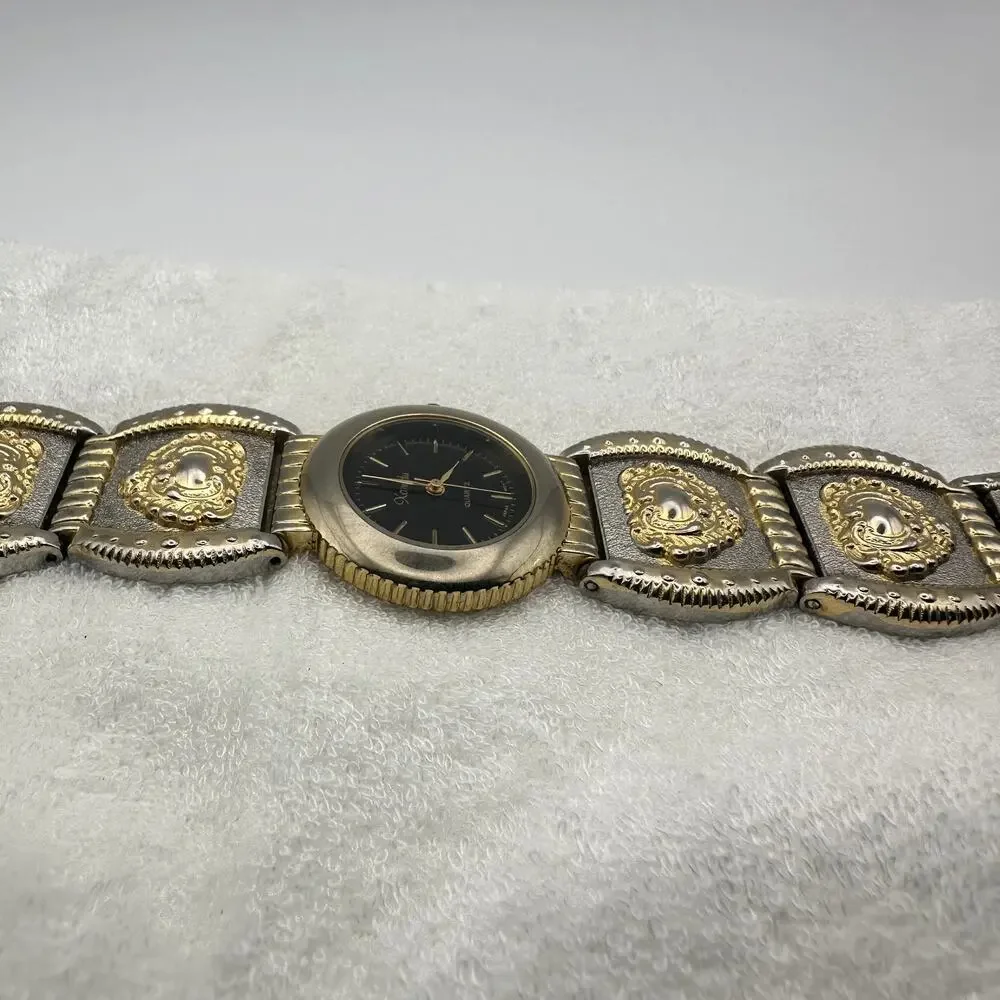 Xanadu Quartz Watch Two Tone Gold Silver Ornate Link Bracelet Black Dial
